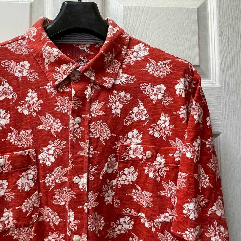 Chaps Men's XL Red Hawaiian‎ Red Short Sleeve Seacoast Wash Knit Button Up Shirt